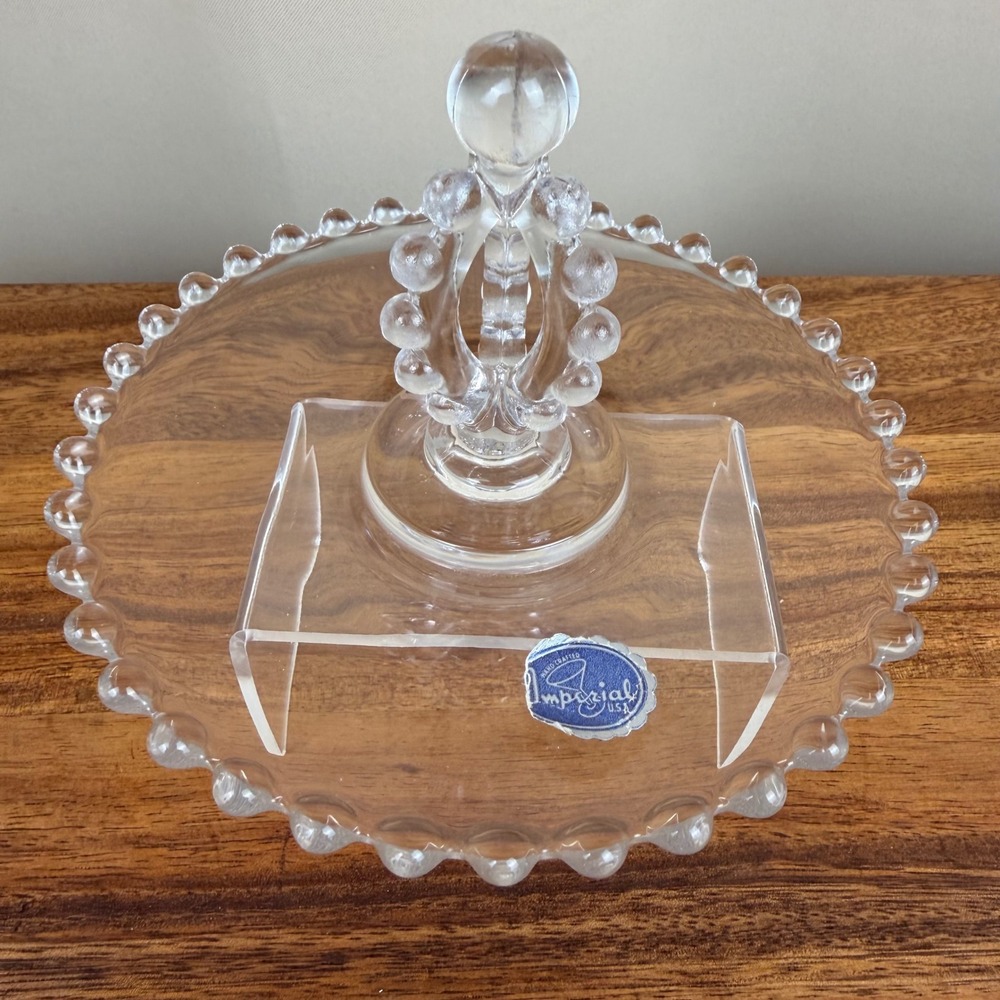Imperial Candlewick Clear Glass Tidbit Lemon Tray Beaded Handle Edge 6.25in
